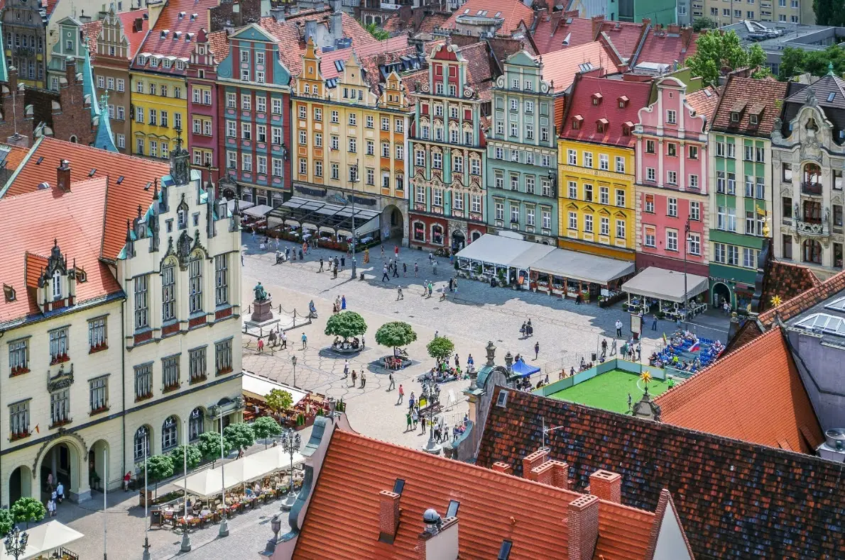 Colourful townhouses of Wrocław's Market Square seen from above
