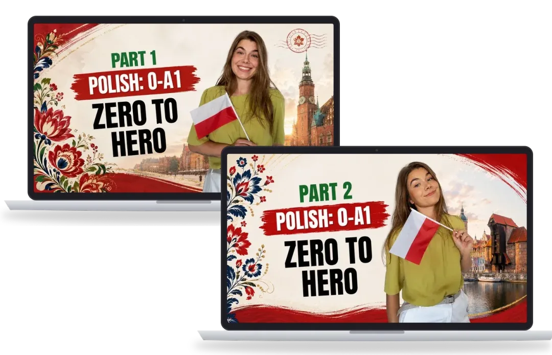A1 Polish course bundle: Part 1 and Part 2 (Zero to Hero, 0–A1) on two laptops