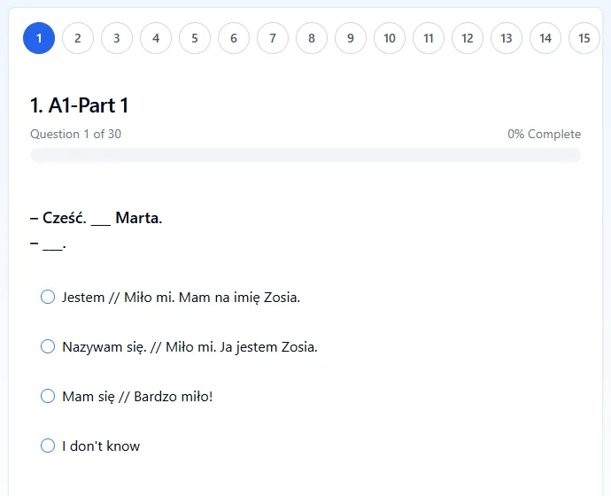 Question 1 of 30 in the free Polish level test, A1 Part 1
